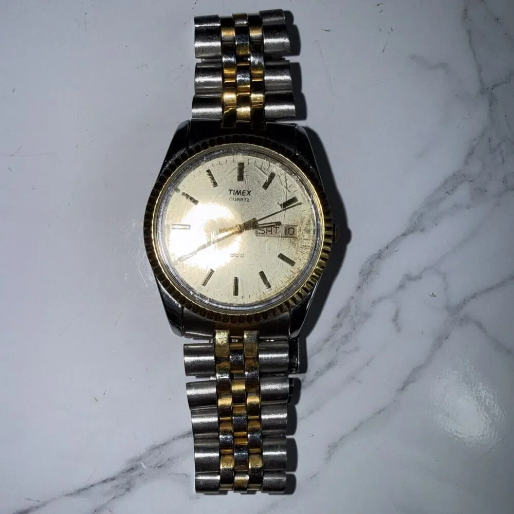 Vintage Timex Quartz Mens Watch Two Tone Gold Silver Day Date Jubilee Needs Bat